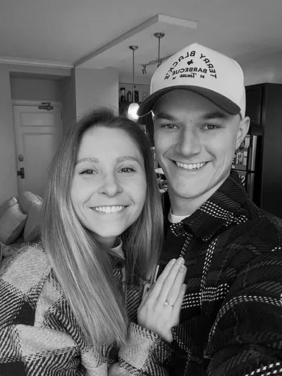 Melissa and Matt Henkel selfie in black and white